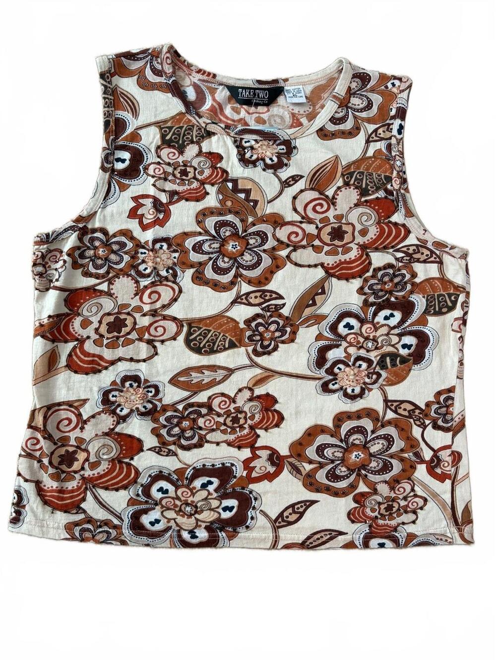 Vintage Take Two Young Co. Tank Top Womens XL Ivory Floral Paisley Scoop Neck